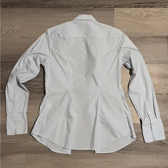 Women’s Banana Republic Blue and White Striped Riley Dress Shirt with Ruffles - Picture 3 of 8